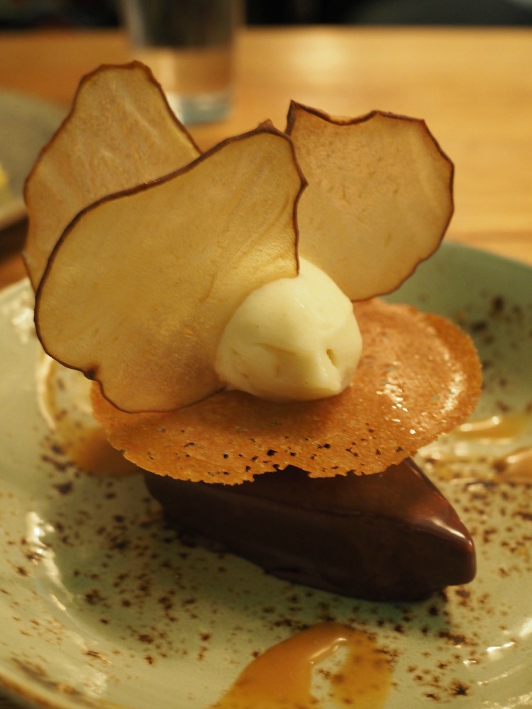 chocolate crémeux, caramel, pear sorbet, hell of the north
