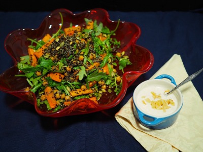 kumara, chickpea, quinoa, tahini youghurt, healthy, salad, recipe, dressing, sweet potato quinoa salad
