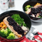 salmon, baked salmon, balsamic, blueberry, balsamic blueberry glaze, fish and vegetables, keep your brain healthy