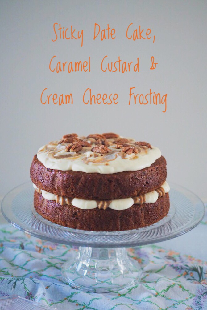 sticky date cake, caramel custard, caramel topping, cream cheese frosting, food blogger, melbourne food blog, baking, cake, afternoon tea, sticky date, caramel, cream cheese icing, cream cheese, recipe